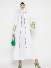 Front Zip Closure Rayon White Abaya for Umrah/Hajj with Black Hijab