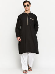 Embroidery Black Solid Cotton Men's Kurta Pajama Set