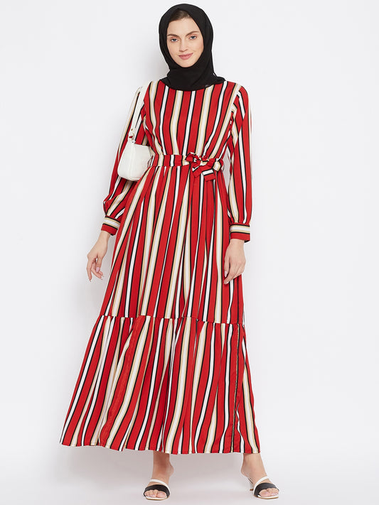 Red Printed Crepe Frill Abaya Dress for Women with Black Georgette Scarf-Front