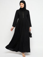 Zip Closure Black Abaya for Women with Black Georgette Scarf