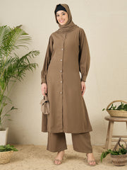 Front Open Khaki(Oat) Solid Co-Ord Set for Women
