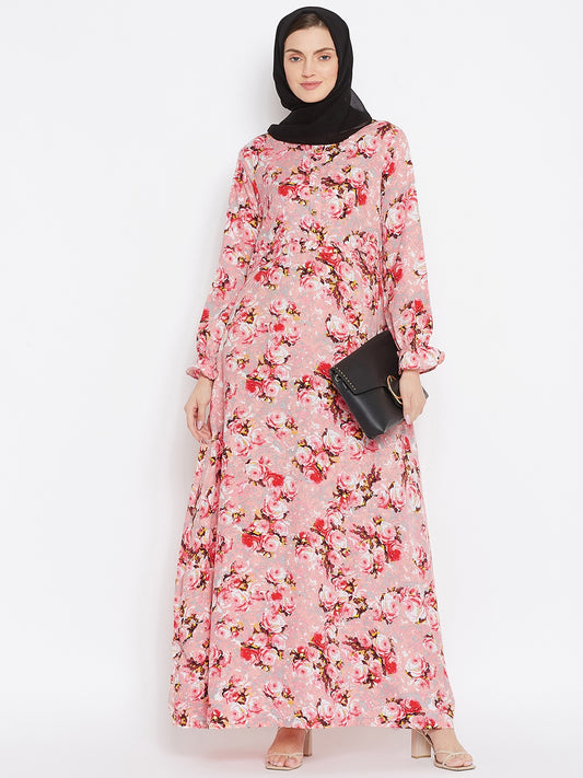Floral Printed Crepe Pink Abaya Dress with Black Georgette Hijab