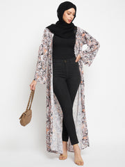 White Printed Front Open Shrug with Black Georgette Hijab