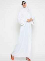 White Abaya for Umrah/Hajj handwork detailing with Black Hijab