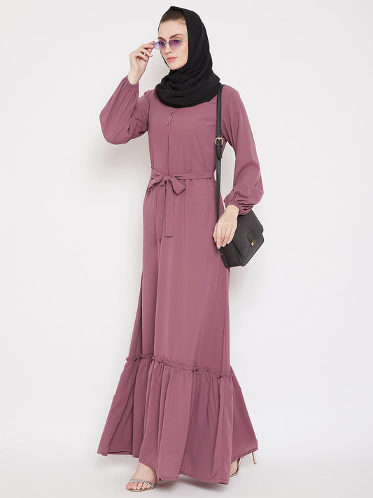 Puce Pink Frill Abaya for Women with Black Georgette Scarf