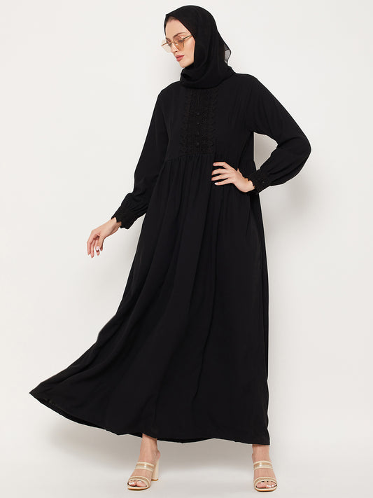 Black Lace Work Abaya for Women with Black Georgette Scarf