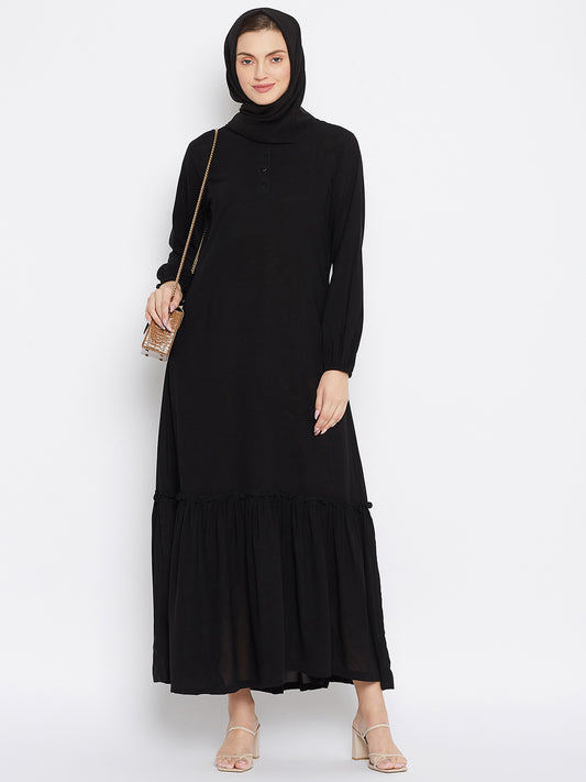Black Frill Abaya Dress for Women with Black Georgette Scarf