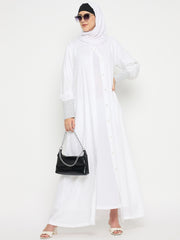 Women Front Open Rayon White Abaya for Umrah/Hajj with Black Hijab