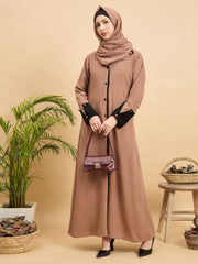 Front Open Modest Beige Coat-Style Abaya with Matching Hijab