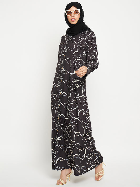 Black and White Printed Front Open Abaya for Women with Black Georgette Scarf
