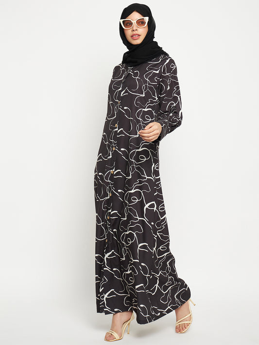 Clearance Sale: Printed Front Open Abaya with Black Georgette Scarf