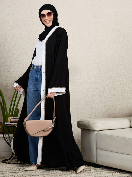 Front Open Embroidered Black Abaya for women with Scarf