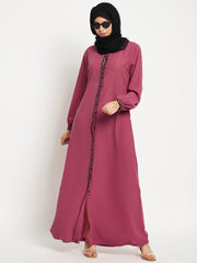 Front Open Embroidery Abaya/Burqa with Black Georgette Scarf