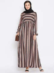 Brown Stripe Abaya Dress with Black Georgette Hijab