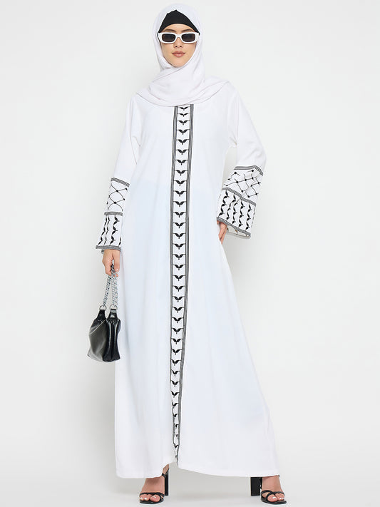 Kefiyyeh Embroidery White Abaya for Umrah/Hajj with Black Hijab