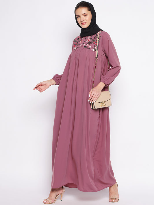 Chikan Hand Embroidery Work Abaya for Women with Black Georgette Scarf