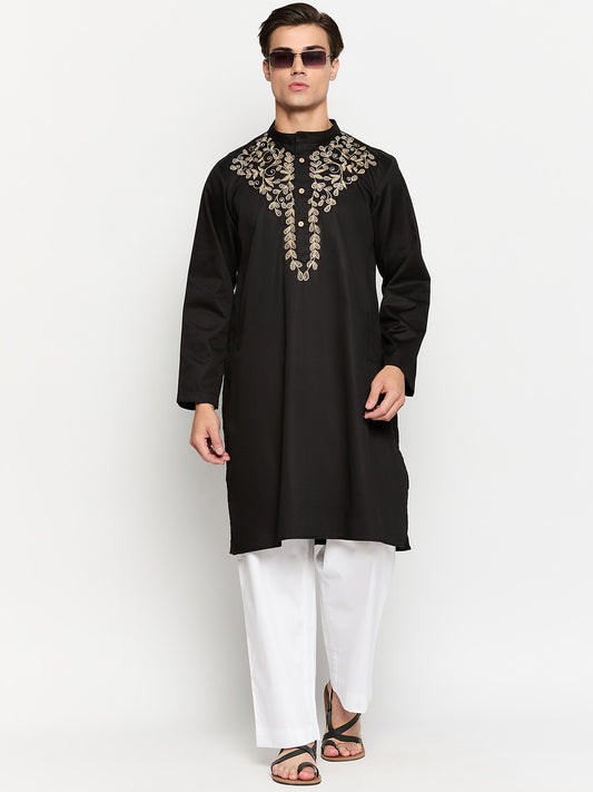 Embroidery Black Cotton Kurta Pajama Set For Men