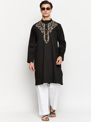 Embroidery Black Cotton Kurta Pajama Set For Men