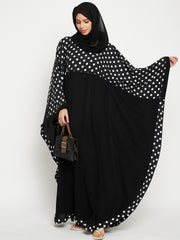 Polka Dot Printed Women Kaftan Abaya with Black Georgette Scarf