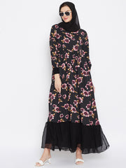 Printed Abaya with Black Georgette Hijab