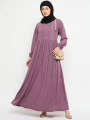 Pink Front Zip Closure Abaya for Women with Black Georgette Hijab