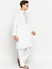 White Solid Cotton Men's Kurta Pajama Set