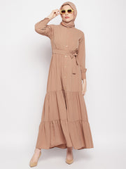 Frilled Beige Abaya/Burqa For Women With Belt and Black Hijab