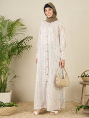 Striped Printed Front Open Abaya with Black Hijab