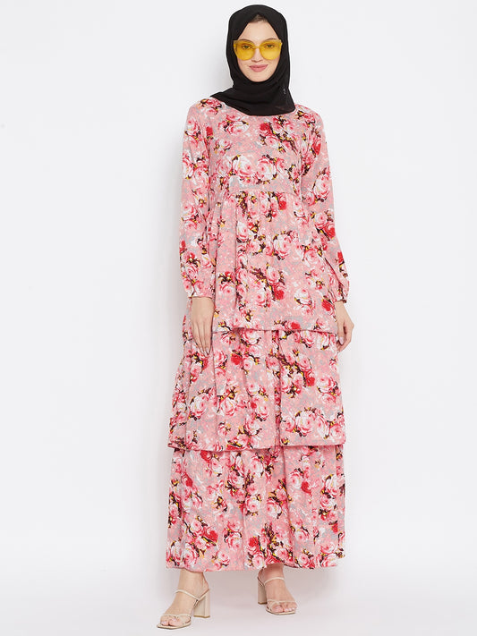 Pink Printed Frill Abaya Dress for Women with Black Georgette Hijab