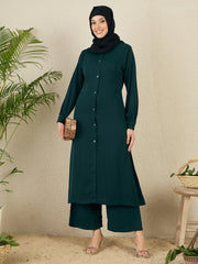 Front Open Green Solid Co-ord Set for Women