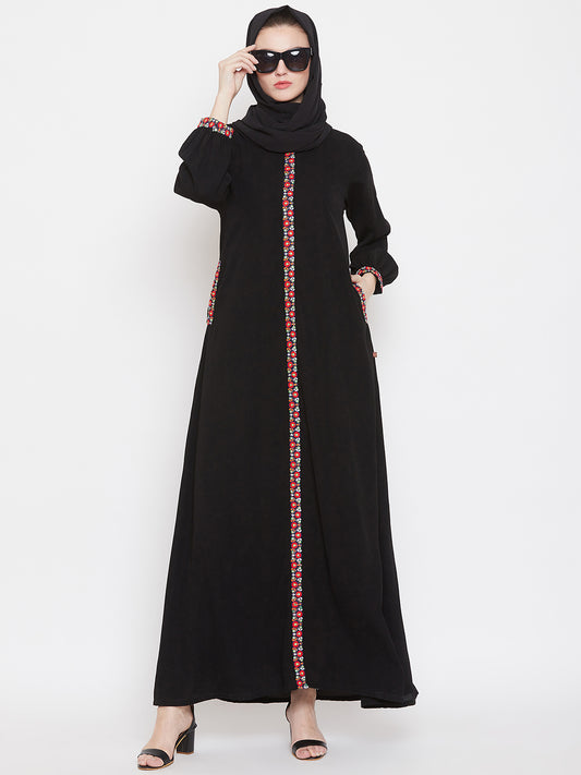 Black Chikan Hand Embroidery Abaya for Women with Black Georgette Scarf