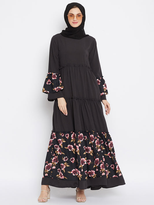 Floral Printed Frill Abaya Dress with Black Georgette Hijab