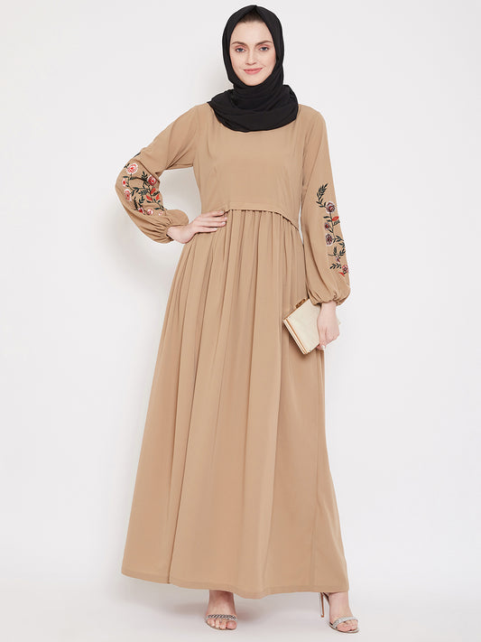 Beige Embroidery Work Abaya for Women with Black Georgette Scarf