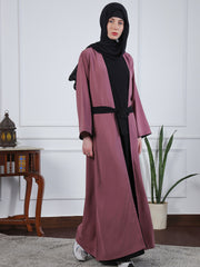 2 Piece Set Pink & Black Solid Front Open Shrug Abaya with Black Georgette Hijab