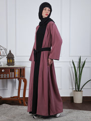 2 Piece Set Pink & Black Solid Front Open Shrug Abaya with Black Georgette Hijab