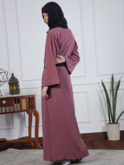 2 Piece Set Pink & Black Solid Front Open Shrug Abaya with Black Georgette Hijab
