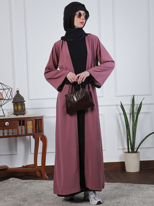 2 Piece Set Pink & Black Solid Front Open Shrug Abaya with Black Georgette Hijab
