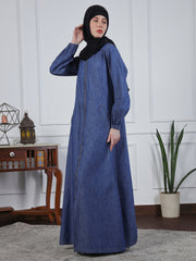 Front Zip Closure Blue Denim Abaya with Black Georgette Hijab