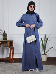 Front Zip Closure Blue Denim Abaya with Black Georgette Hijab