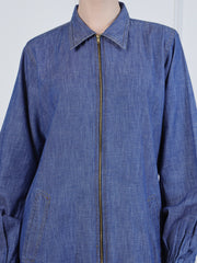 Front Zip Closure Blue Denim Abaya with Black Georgette Hijab