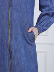 Front Zip Closure Blue Denim Abaya with Black Georgette Hijab