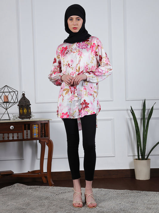 Satin Fabric Front Open Modest Shirt for Women