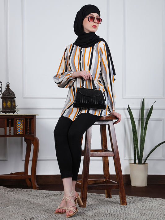Front Open Striped Modest Shirt for Women