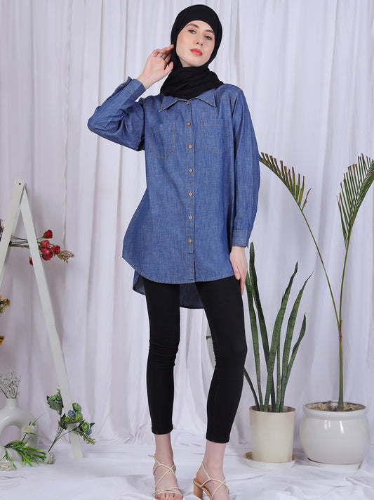 Women Front Open Modest Blue Denim Shirt