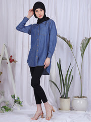 Women Front Open Modest Blue Denim Shirt