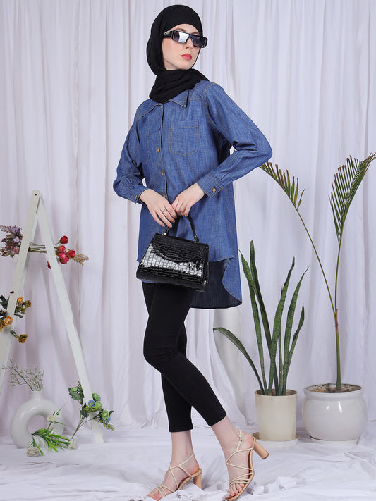 Women Front Open Modest Blue Denim Shirt