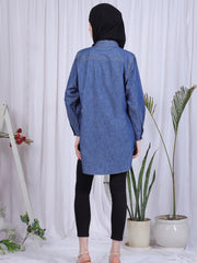 Women Front Open Modest Blue Denim Shirt