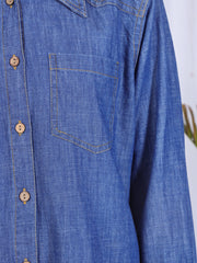 Women Front Open Modest Blue Denim Shirt