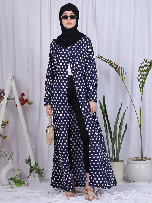 Polka-Printed Front Open Abaya for Women with Black Georgette Hijab