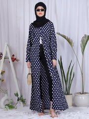 Polka-Printed Front Open Abaya for Women with Black Georgette Hijab